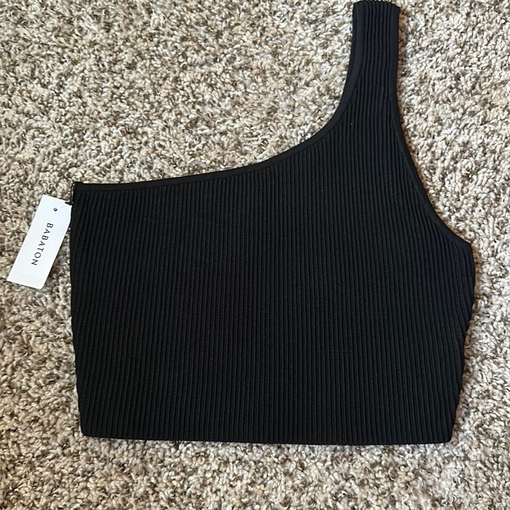 Babaton One-Shoulder Black Ribbed Crop Top